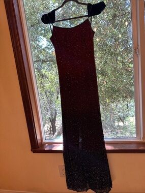 90s Red Ombré to Black Sparkle Maxi Slip Dress with Subtle Glitter